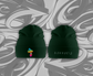 dark green beanie hat with rainbow mushroom on it