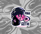 sticker of a goth pink dog with black ears and a hat